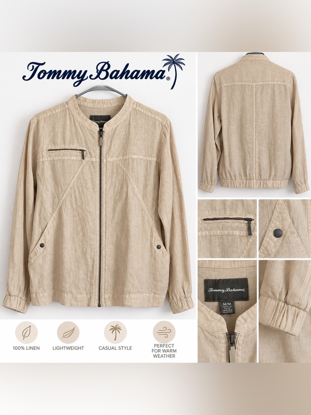 Tommy Bahama 100% Linen Zip Front Jacket Women's M Oatmeal Beige